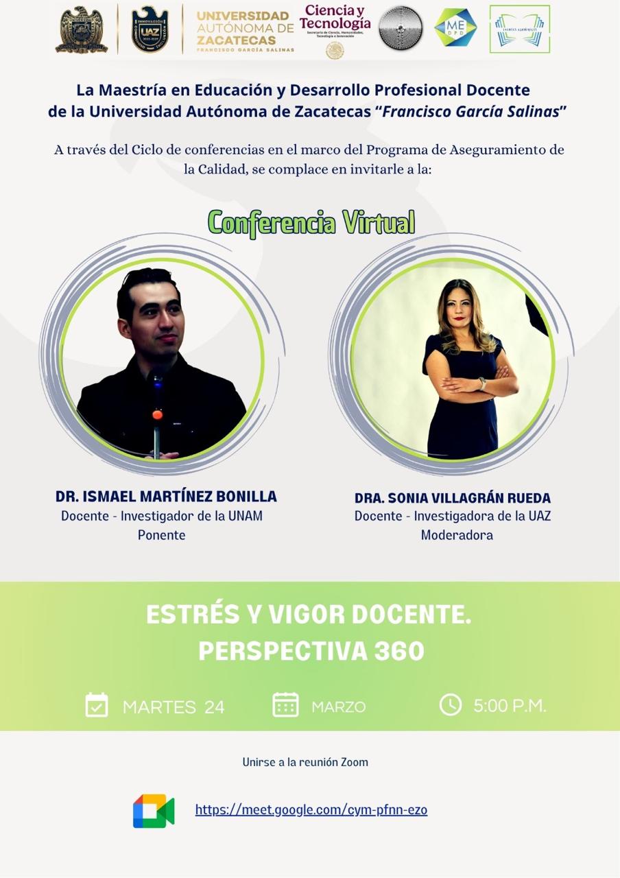 Cartel de la conferencia virtual Estrés y vigor docente. Perspectiva 360, UAZ, 24 de marzo de 2026