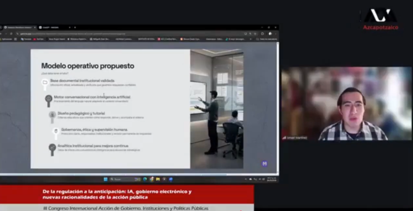 Ponencia sobre el modelo operativo de un asistente institucional con IA en el III Congreso Internacional Acción de Gobierno, con diapositivas, el ponente en videoconferencia y el logo de la UAM Azcapotzalco