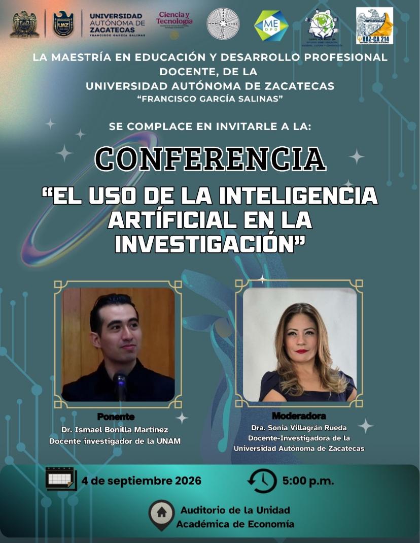 Cartel de la conferencia El uso de la inteligencia artificial en la investigación, UAZ, 4 de septiembre de 2026