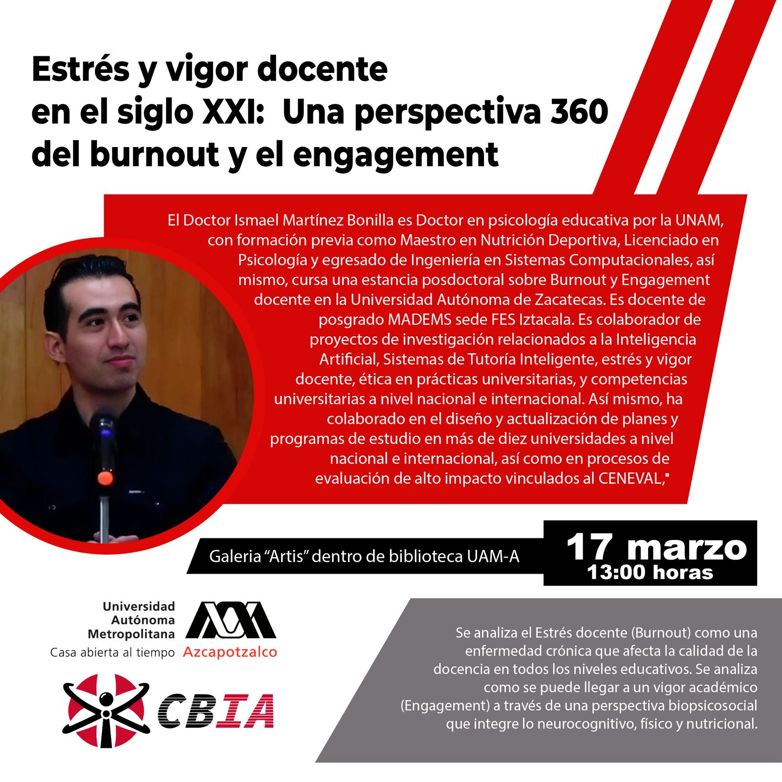 Cartel de la conferencia Estrés y vigor docente en el siglo XXI, UAM Azcapotzalco, 17 de marzo de 2026