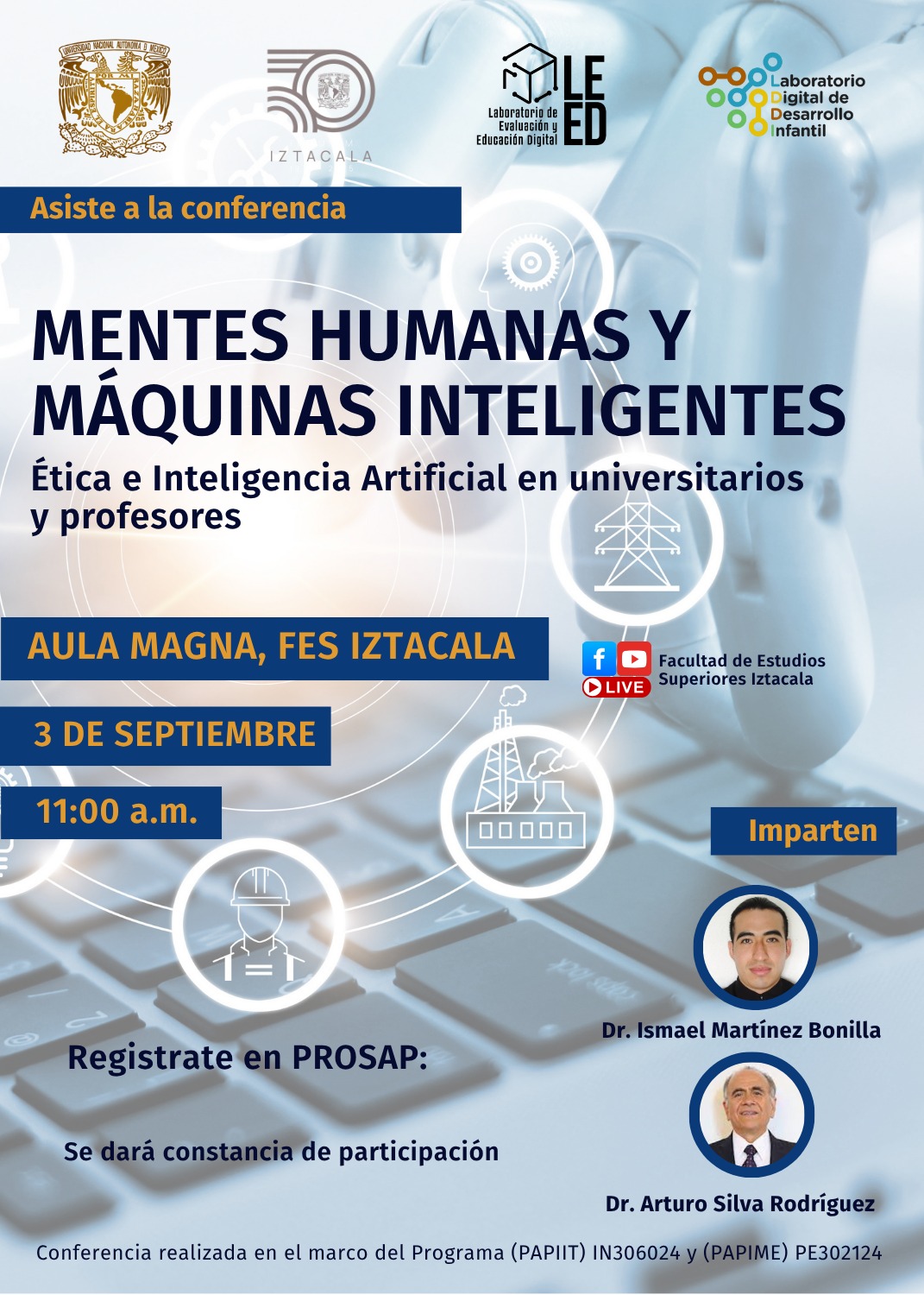 Cartel de la conferencia Mentes humanas y máquinas inteligentes, FES Iztacala, 3 de septiembre de 2026