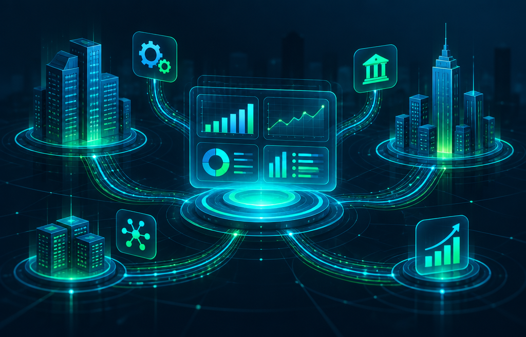 Ilustración de edificios y paneles de indicadores conectados por flujos de datos