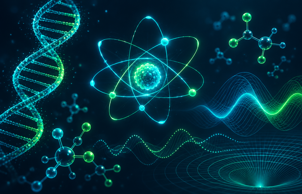 Ilustración de un átomo luminoso con moléculas, una hélice de ADN y ondas de física