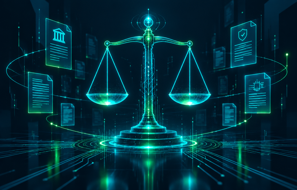 Ilustración de una balanza de justicia luminosa rodeada de documentos digitales