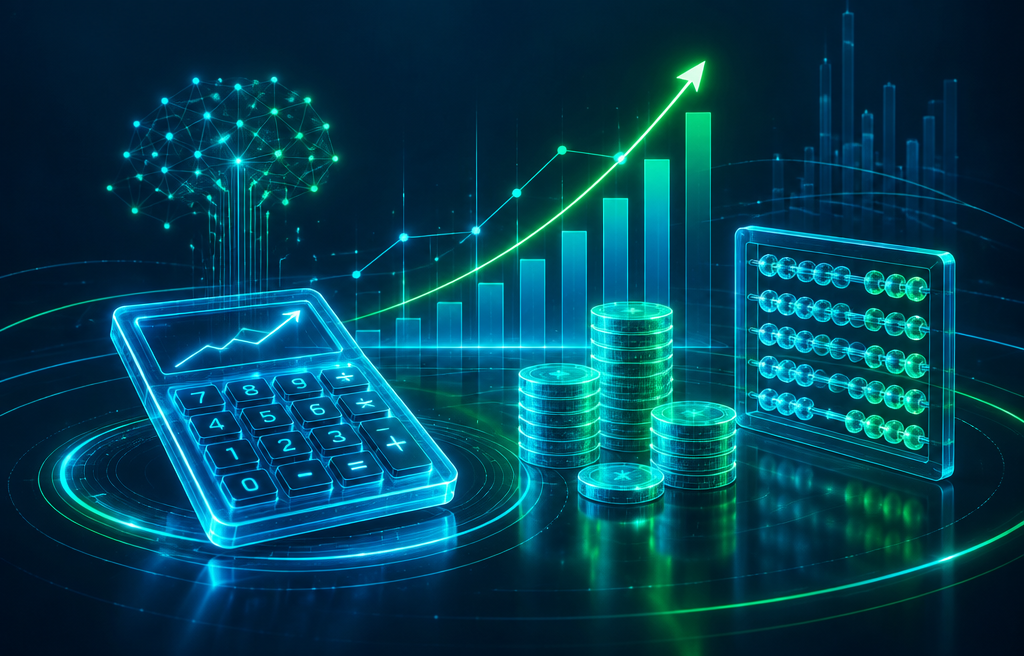 Ilustración de una calculadora, gráficas financieras y monedas luminosas
