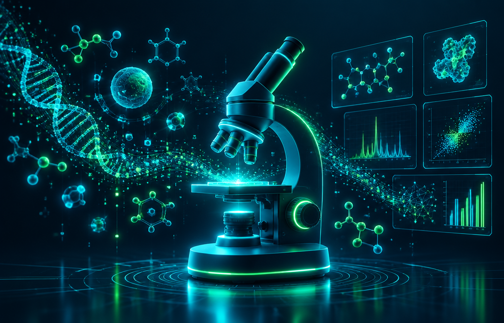 Ilustración de un microscopio digital rodeado de moléculas, gráficas y datos de análisis