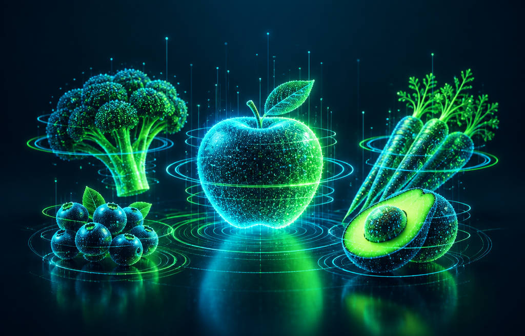 Ilustración de frutas y verduras luminosas rodeadas de anillos de análisis digital
