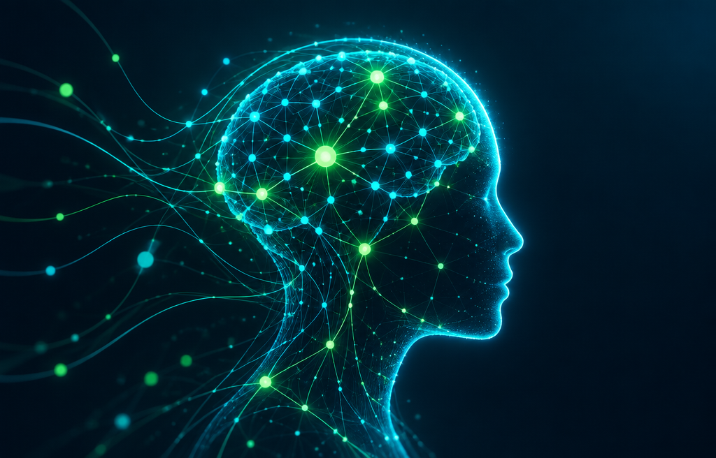 Ilustración de un perfil humano formado por una red neuronal luminosa de nodos cian y verde