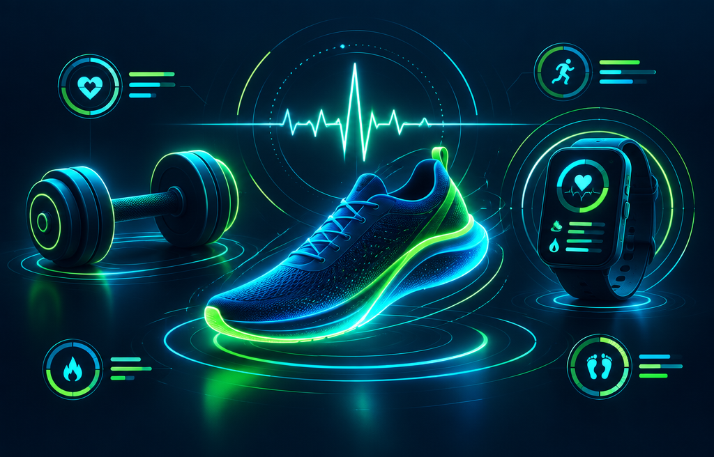 Ilustración de un tenis deportivo luminoso con un reloj inteligente, una mancuerna y un latido