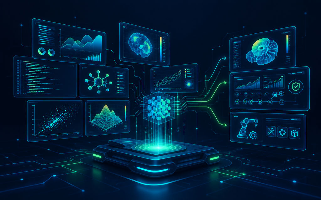 Ilustración de paneles holográficos con gráficas y datos que se transforman en herramientas digitales