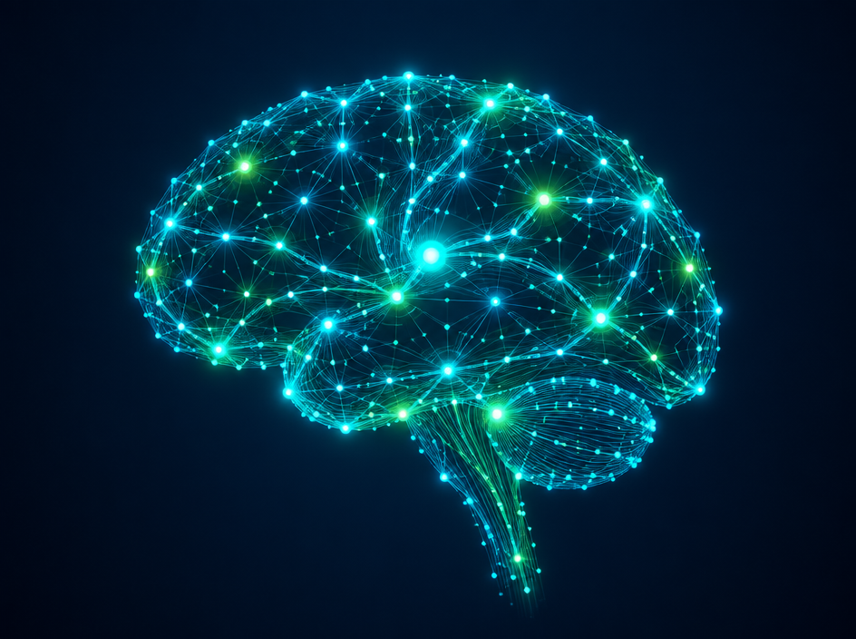 Ilustración de una red neuronal artificial formada por nodos luminosos en tonos azul y verde
