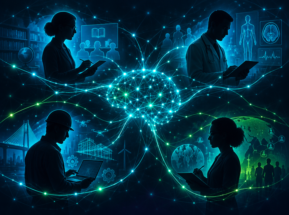 Ilustración de especialistas de distintas disciplinas conectadas por una red de inteligencia artificial