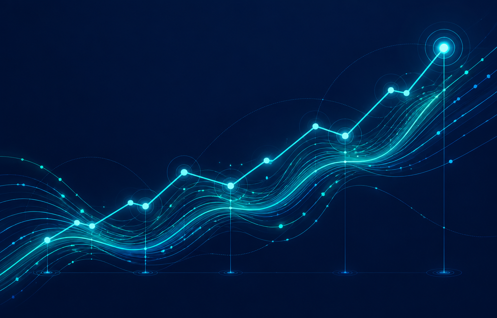 Ilustración de flujos de datos formando una curva de progreso ascendente