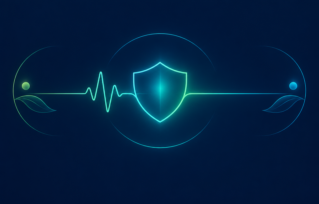 Ilustración de un latido luminoso que se convierte en un escudo de protección