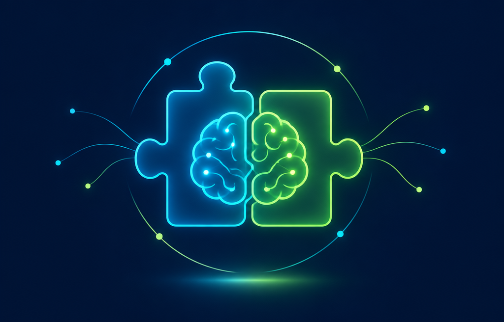 Ilustración de dos piezas de rompecabezas encajando con un cerebro luminoso