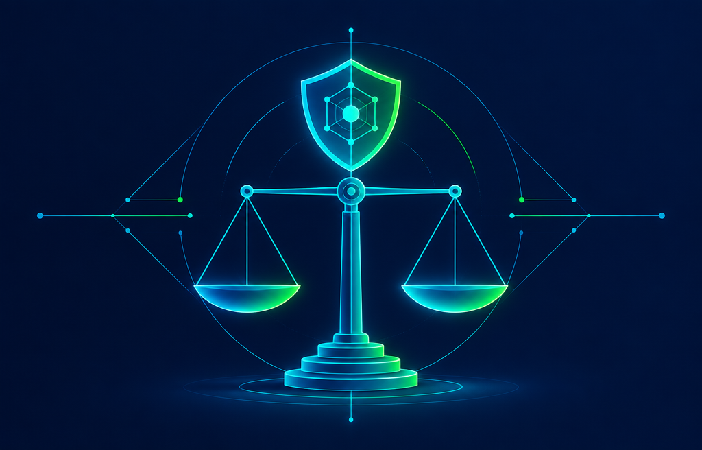 Ilustración de una balanza luminosa con un escudo de protección sobre ella