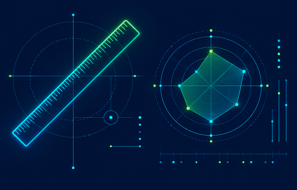 Ilustración de una regla luminosa y un gráfico de radar con datos de medición