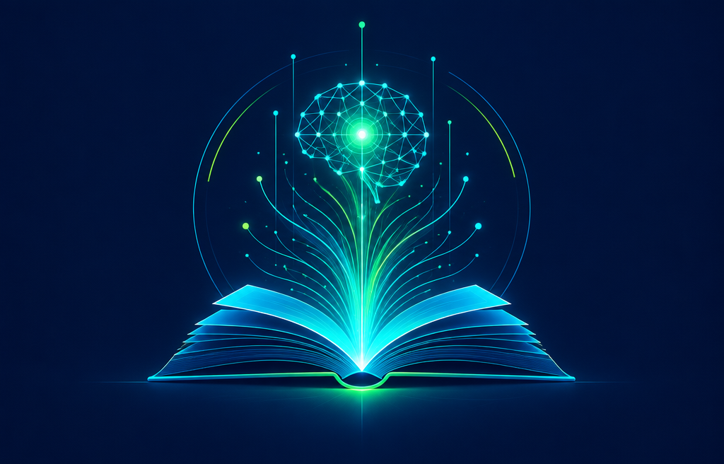 Ilustración de un libro abierto del que emerge una luz de inteligencia artificial