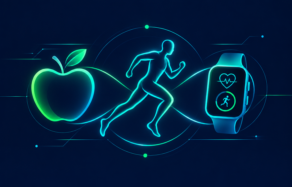 Ilustración de una manzana, una persona corriendo y un reloj inteligente luminosos