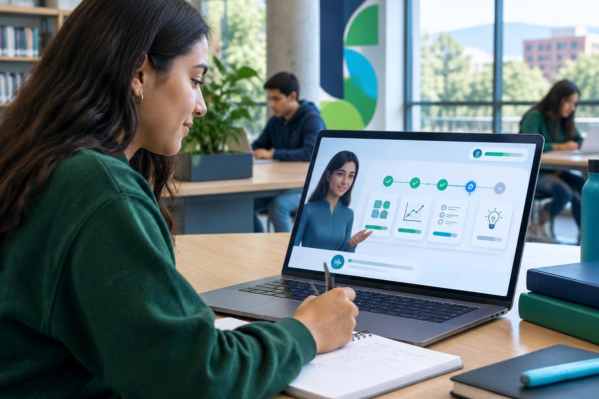 Estudiante universitaria utilizando un tutor adaptativo para avanzar en ejercicios personalizados