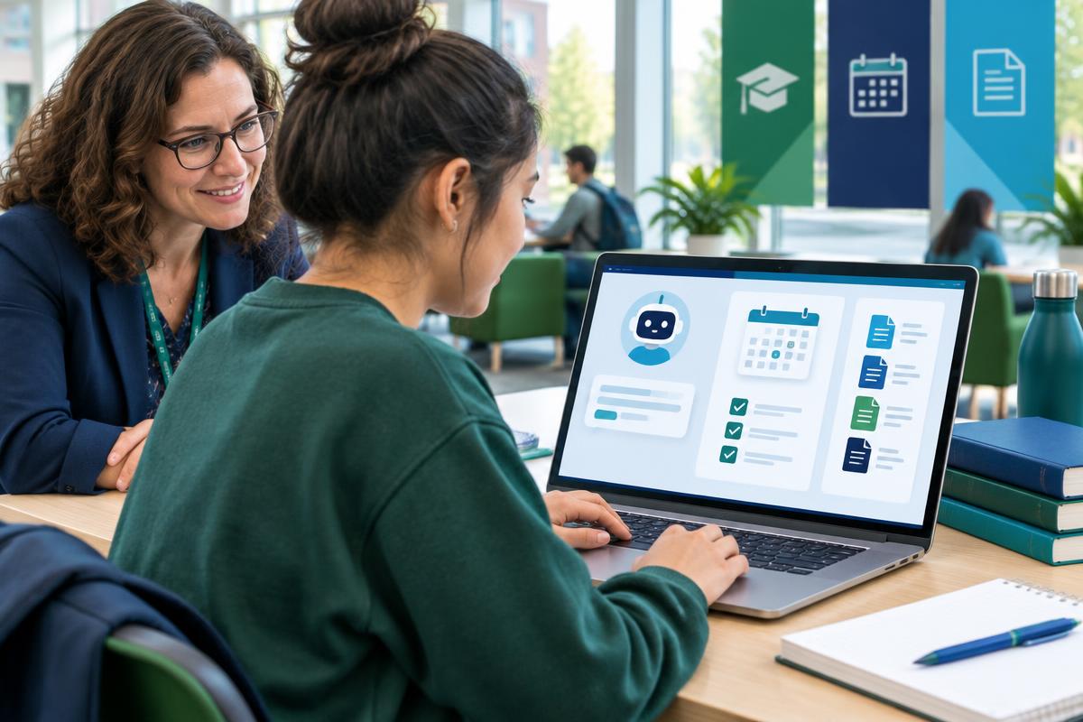 Estudiante consultando un calendario y una guía de trámites con acompañamiento académico