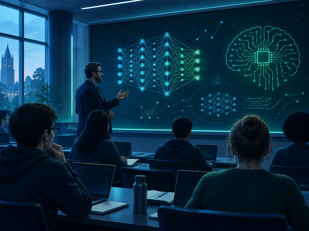 Profesor en un aula universitaria explicando diagramas de redes neuronales a sus estudiantes