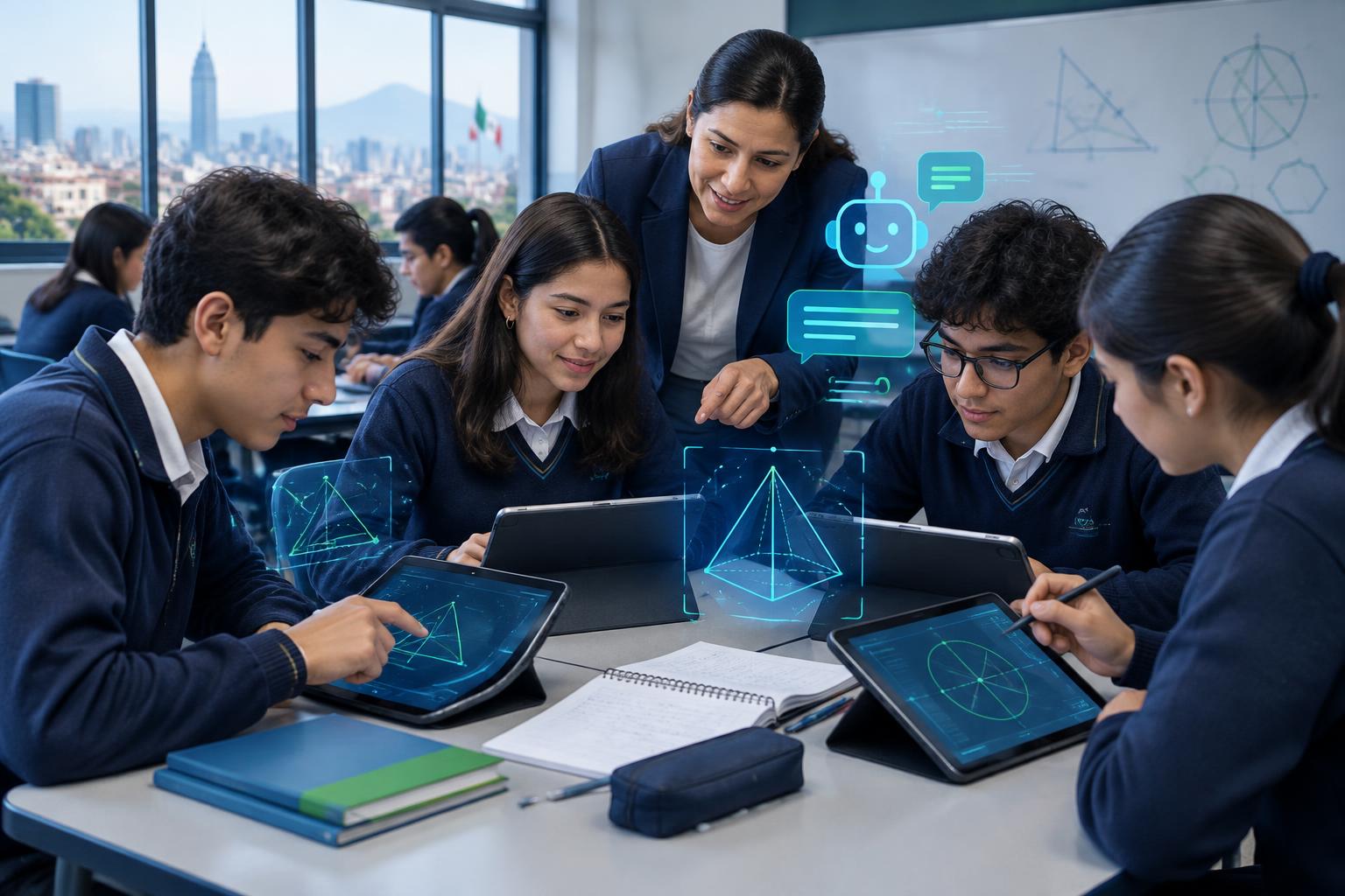 Estudiantes de secundaria resolviendo matemáticas con tutores de inteligencia artificial