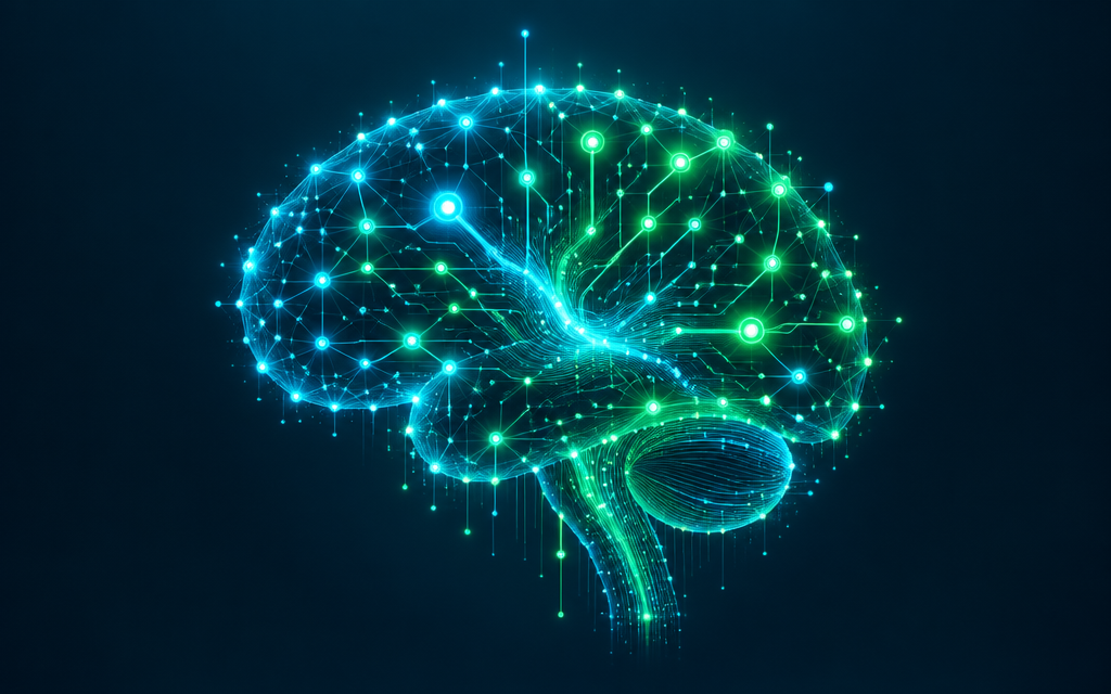 Ilustración de un cerebro artificial formado por nodos y circuitos luminosos en tonos azul y verde