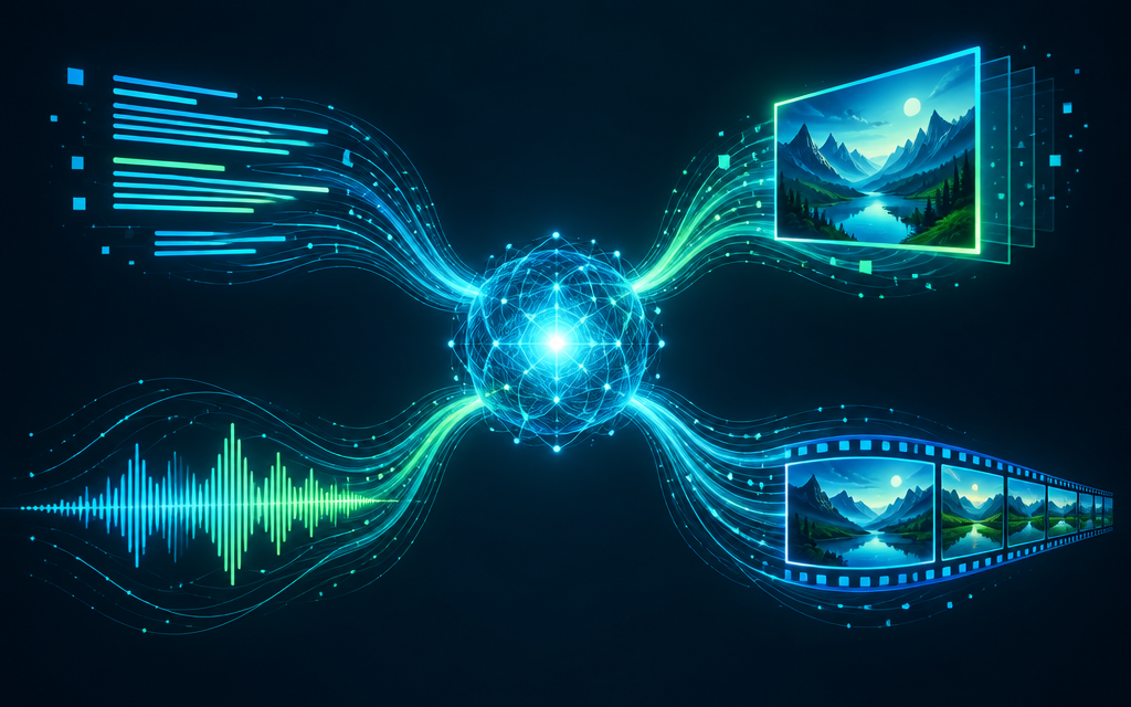 Ilustración de un núcleo luminoso que genera texto, imagen, audio y video como flujos de datos