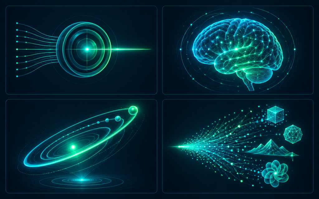 Ilustración de cuatro paneles luminosos que representan los tipos de inteligencia artificial